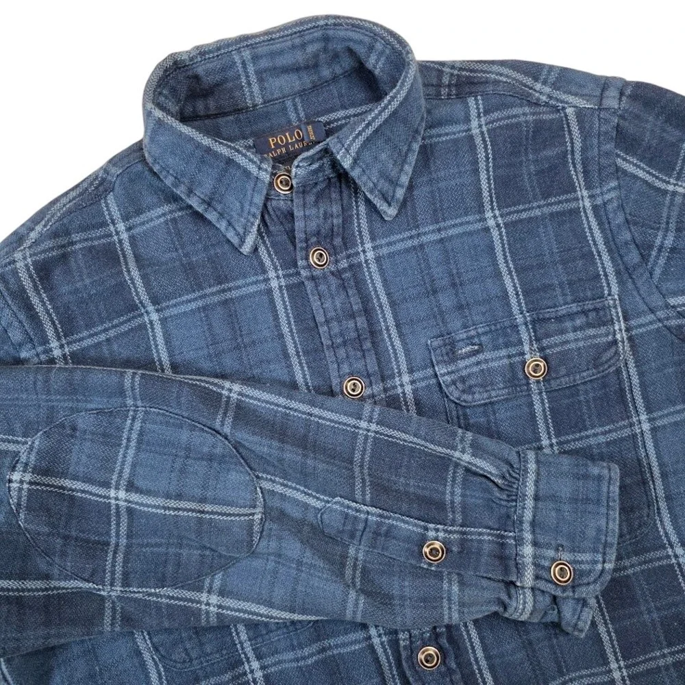 Polo Ralph Lauren Men's M Heavyweight Blue Plaid‎ Work Shirt Elbow Patches